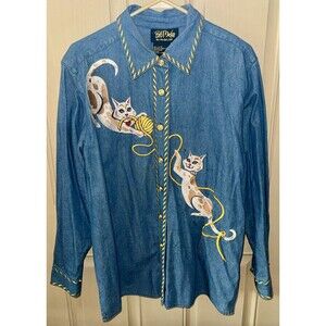 Maximalist Bob Mackie wearable art blue shirt with cats meow kitten animal